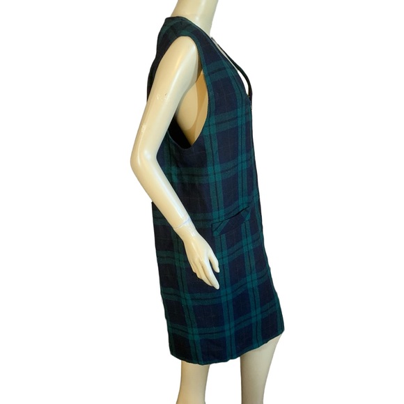 VINTAGE 1990'S SAG HARBOR BLUE & GREEN PLAID WOOL BLEND JUMPER DRESS (14) - Picture 4 of 12